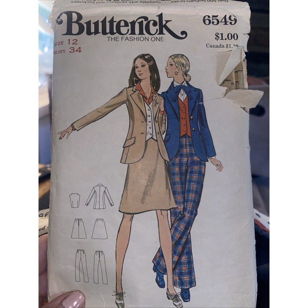Vintage Butterick 6549 Sewing Pattern Size 12 Bust 34 Suit Jacket Vest Pants Cut